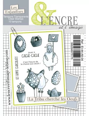 TAMPONS TRANSPARENTS : 10 Tampons transparents A6 'L'Encre et l'Image - Collection 44: L'Embellie' La tribu cherche des oeufs