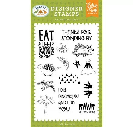 SCRAPBOOKING : 14 Tampons transparents 'Echo Park Paper - Dino-Mite' Eat Sleep Rawr