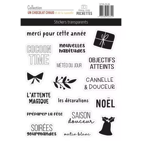 EMBELLISSEMENTS : Autocollants transparents 'Dans mes pochettes - Un chocolat chaud et de la cannelle'